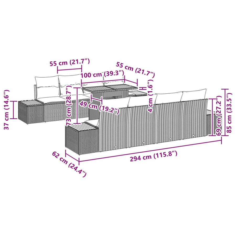 Tuin Sofa Set Set Van 9 Taupe Rattan 4-Delige Buiten Sofa