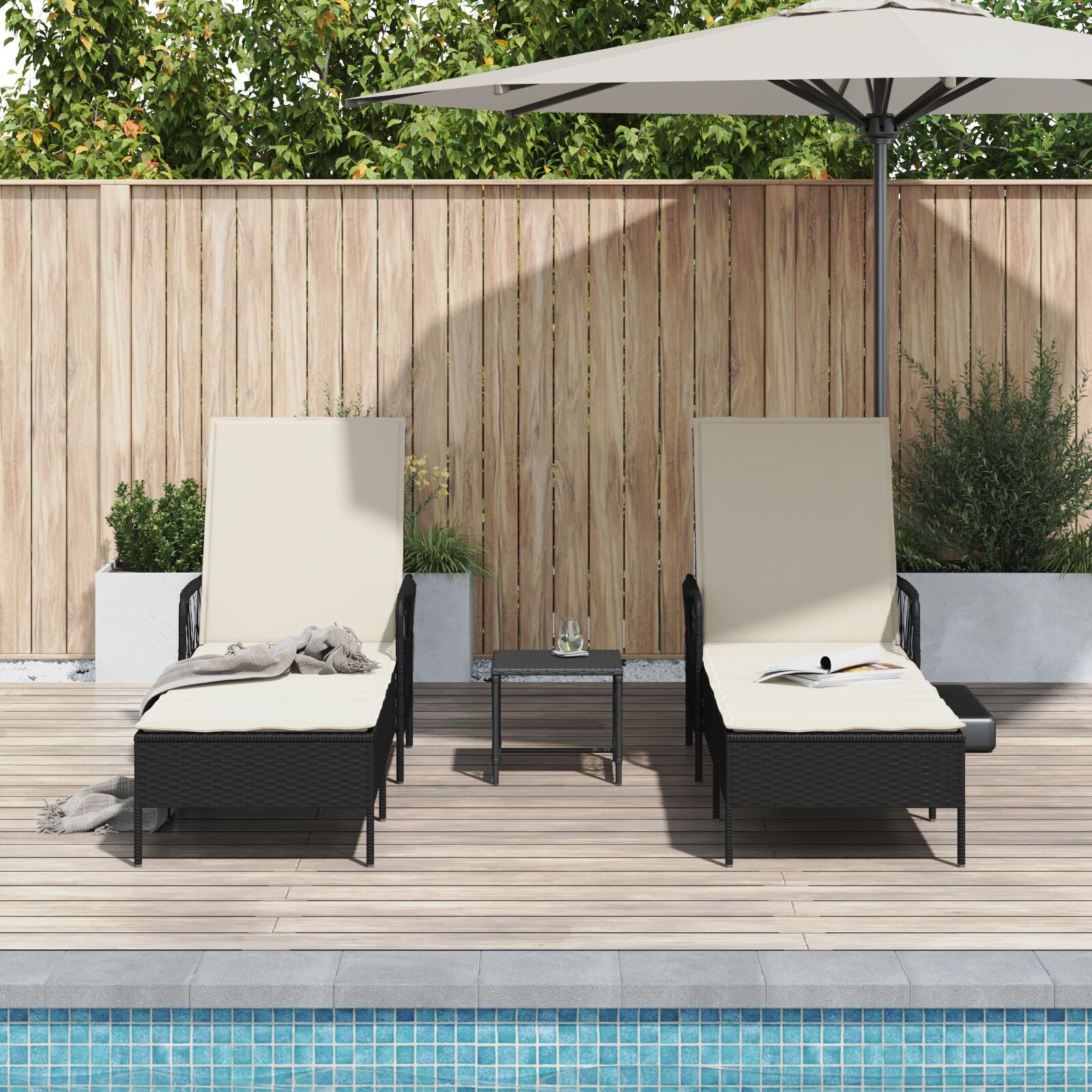 Zonnebank Set Set Van 3 Zwart En Crème Wit Pe Rattan, Metaal