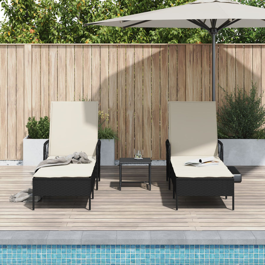 Zonnebank Set Set Van 3 Zwart En Crème Wit Pe Rattan, Metaal