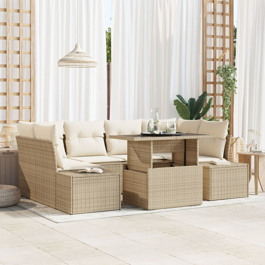 7-Delige Tuin Sofa Set Met Kussens Beige Poly Rattan