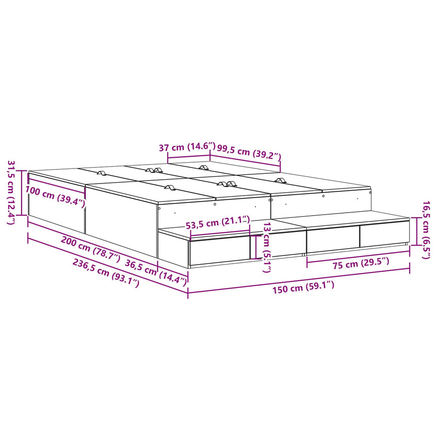 Opbergbedframe Grijs Sonoma Bewerkt Hout 150 X 200 Cm Artisanaal Eiken
