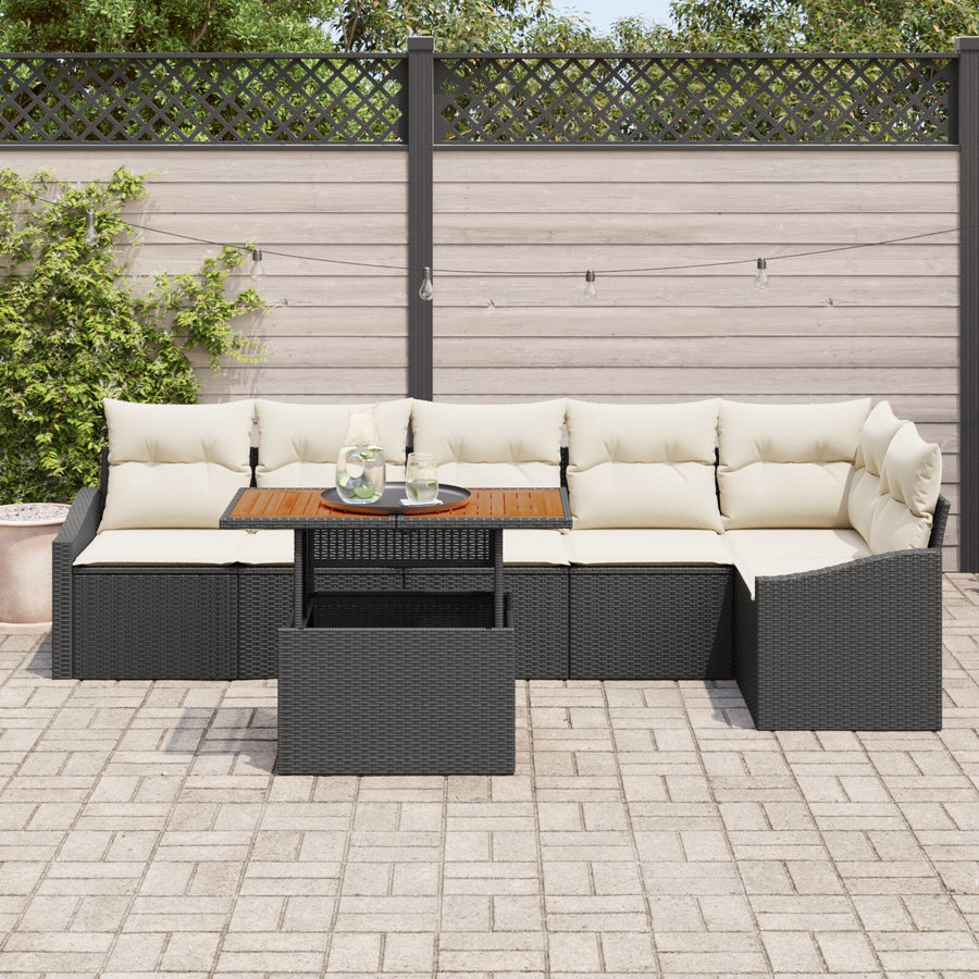 7-Delige Tuin Eettafel Set Met Kussens Zwart Poly Rattan Acacia