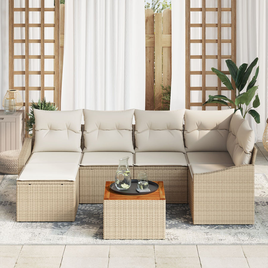 7-Delige Tuinbankset Met Kussens Beige Poly Rattan Acacia
