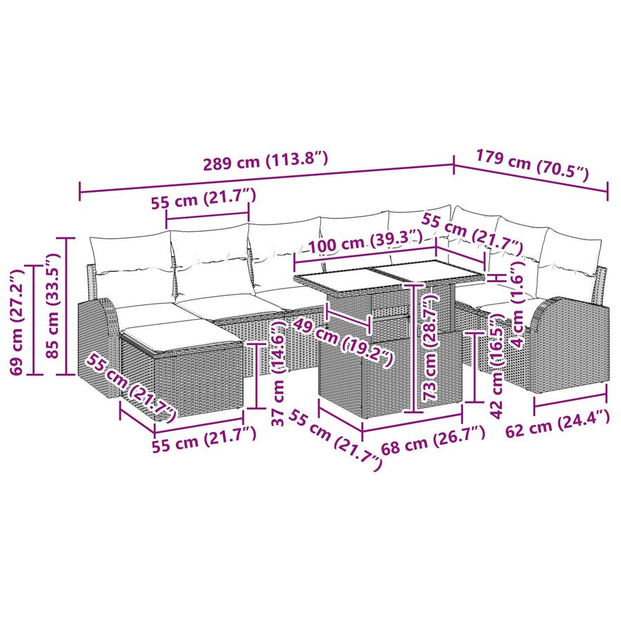 9-Delige Tuin Sofa Set Met Kussens Bruin Poly Rattan
