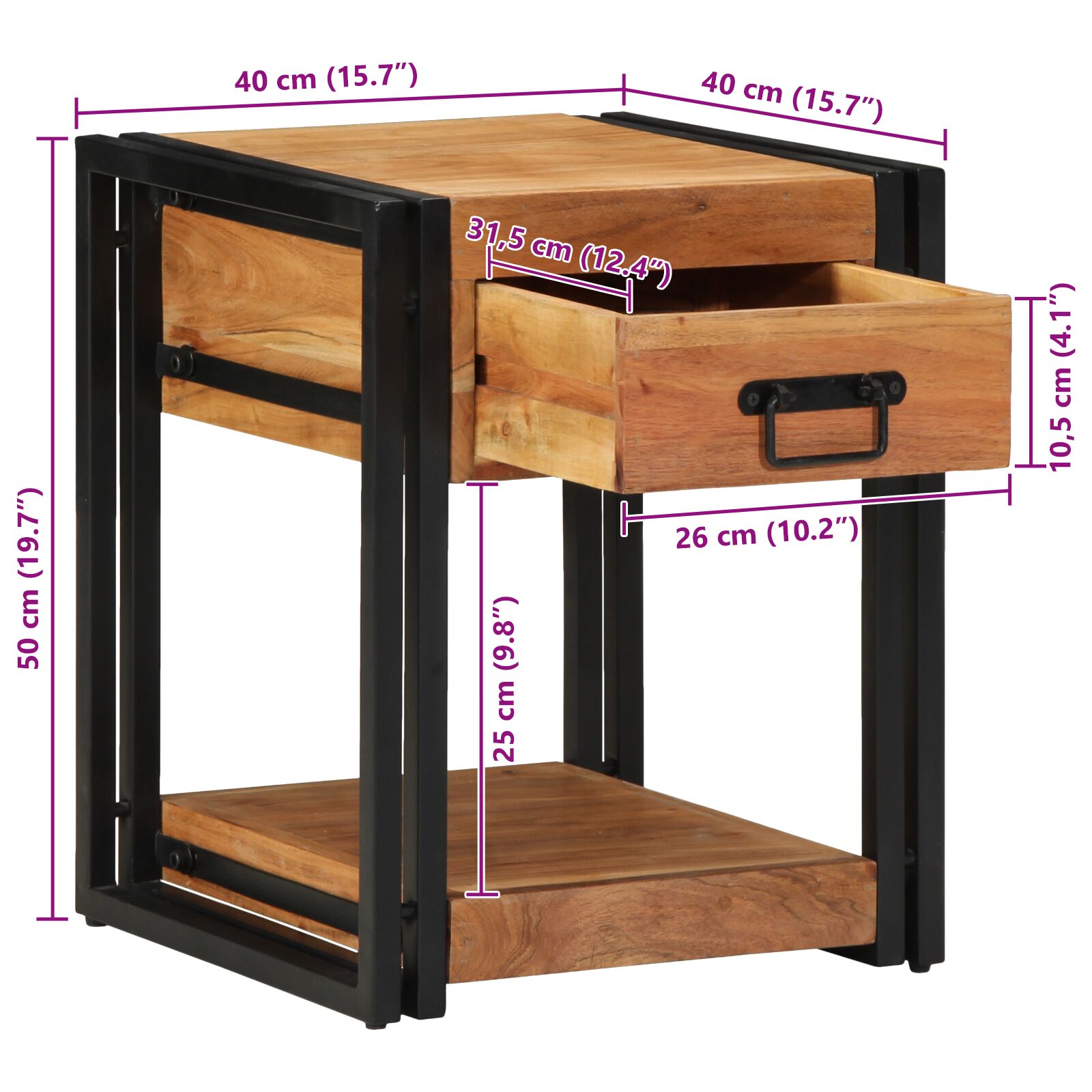 Nachtkast 1 40 x 40 x 50 cm Massief acaciahout
