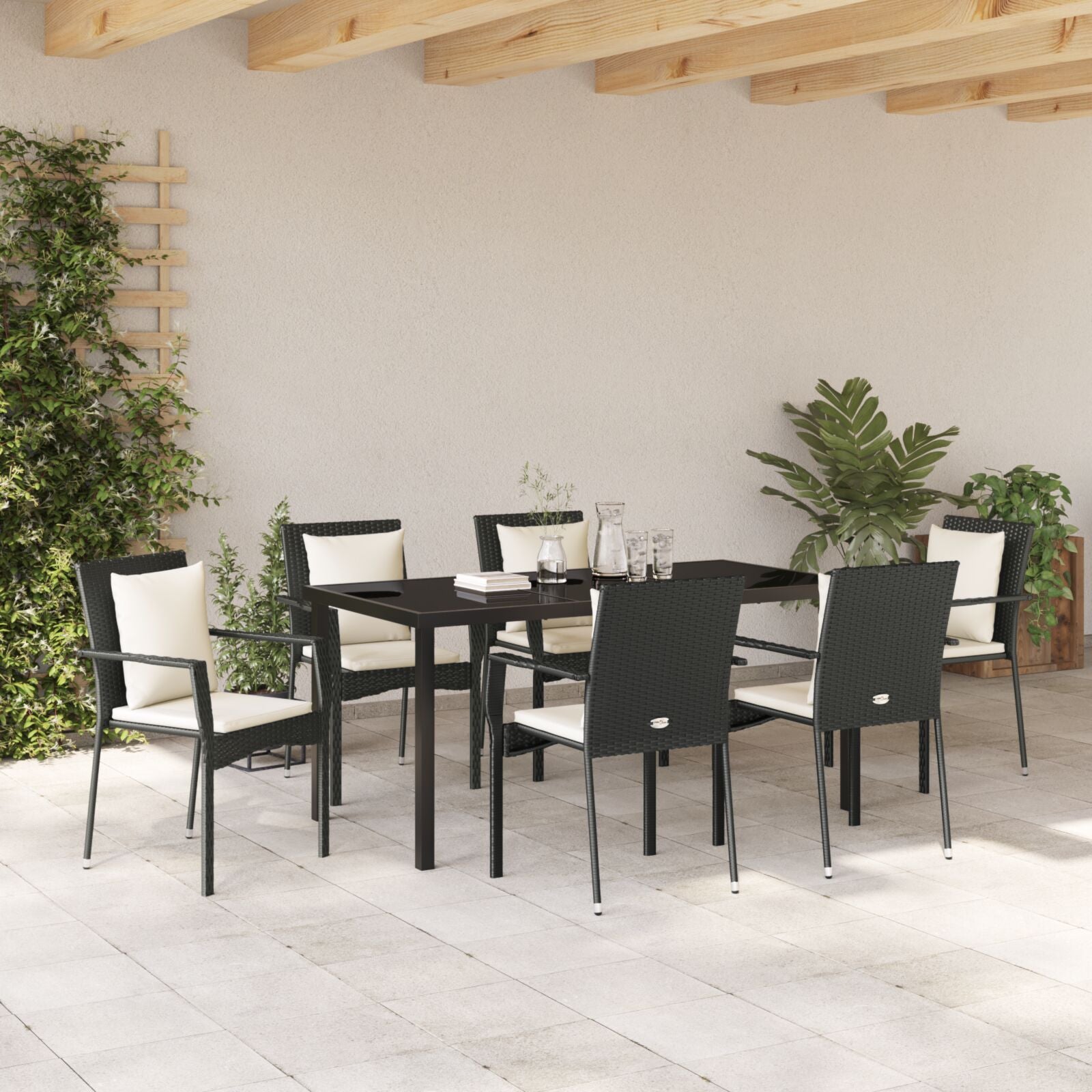 7-Delige Tuinset Met Kussens Zwart Poly Rattan