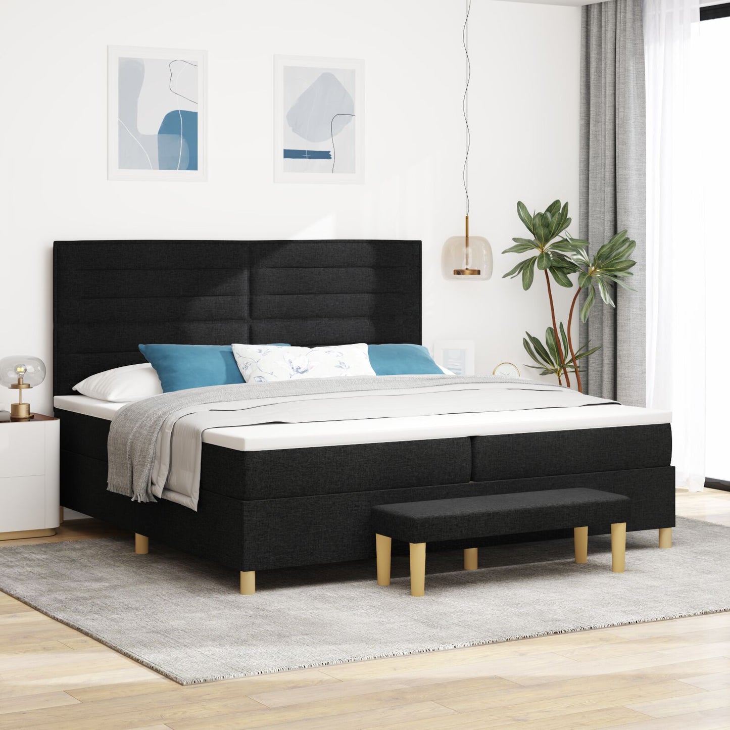 Boxspring Bed Met Matras & Bank Stof Zwart 200 x 200 cm Lijnen ontwerp