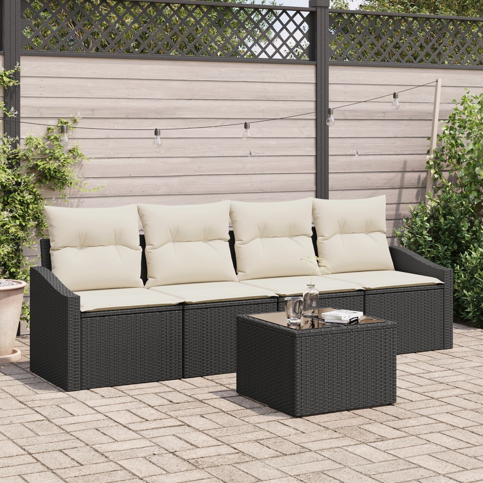 5-Delige Tuin Sofa Set Met Kussens Zwart Poly Rattan