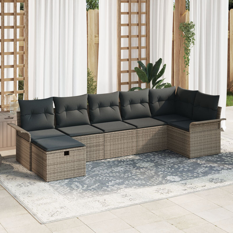 7-Delige Tuinset Met Kussens Grijs Poly Rattan