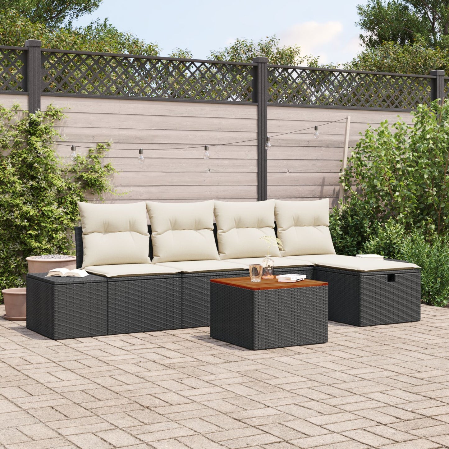 Tuin Sofa Set Set Van 6 Beige En Zwart Rattan, Polyester Kussens Wit