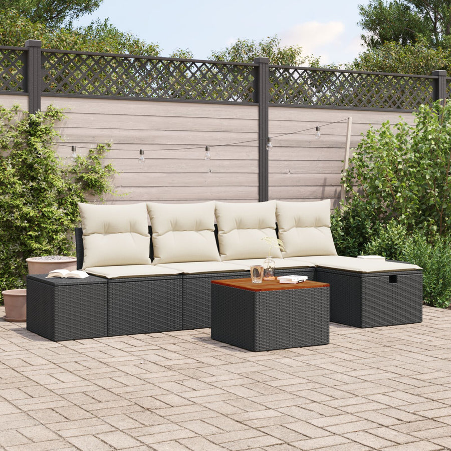 Tuin Sofa Set Set Van 6 Beige En Zwart Rattan, Polyester Kussens Wit