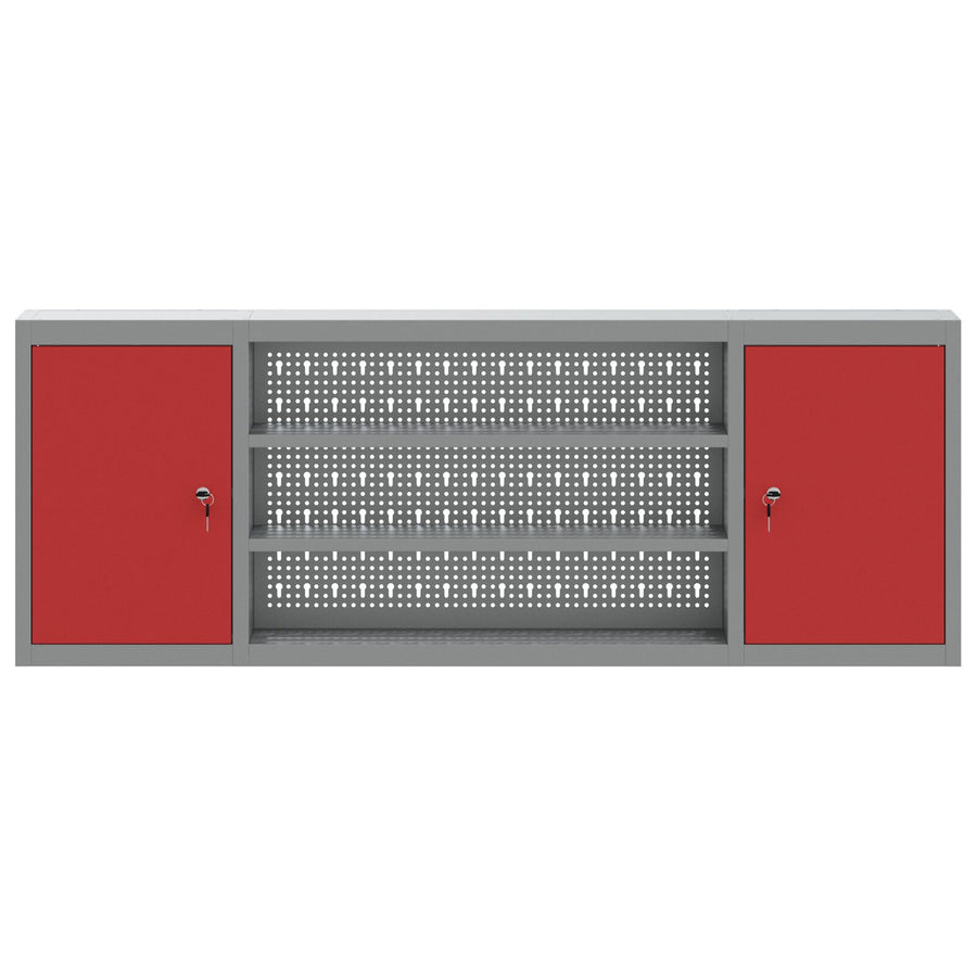 Gereedschapskast Muurbevestiging Met Pegboard 150X20X55 Cm Staal 150 cm Rood en grijs Wandkast met pegboard