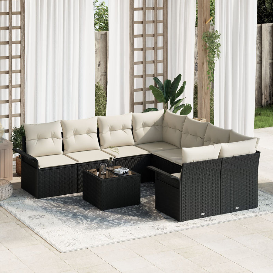 9-Delige Tuin Sofa Set Met Kussens Zwart Poly Rattan
