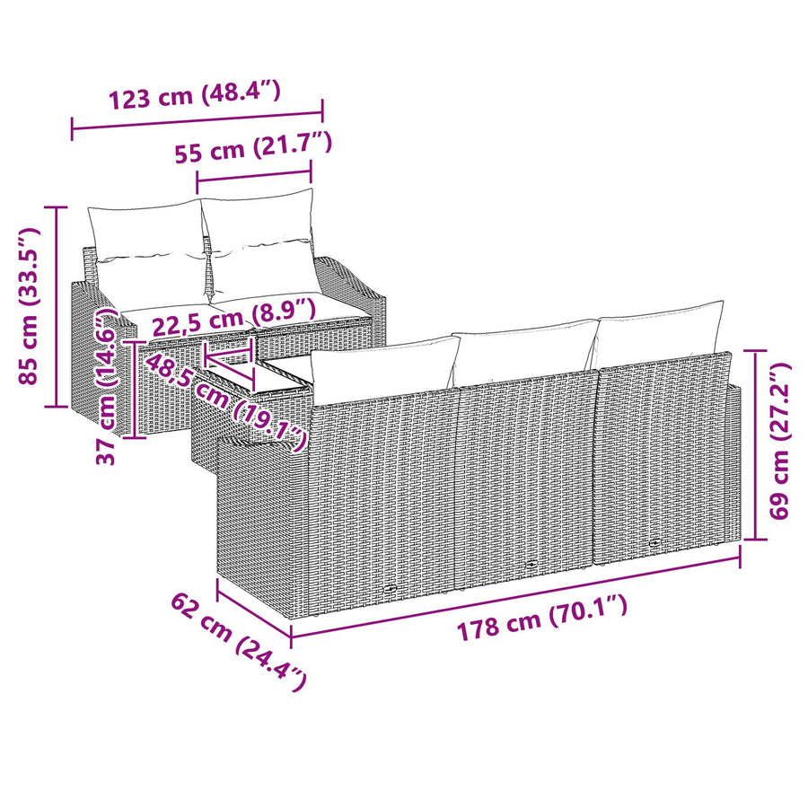 6-Delige Tuin Sofa Set Met Kussens Lichtgrijs Riet