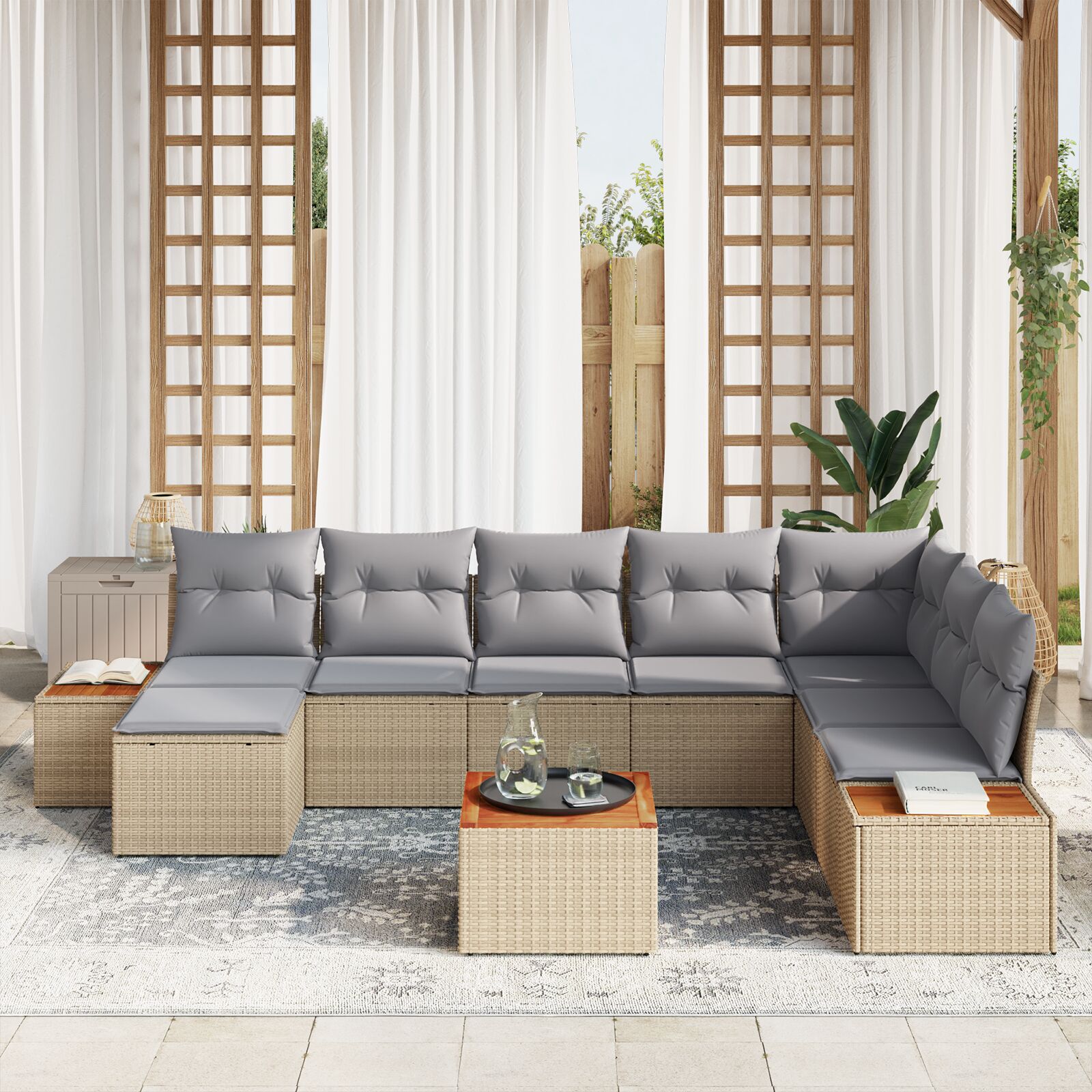 9-Delige Tuin Sofa Set Met Kussens Beige Poly Rattan Acacia