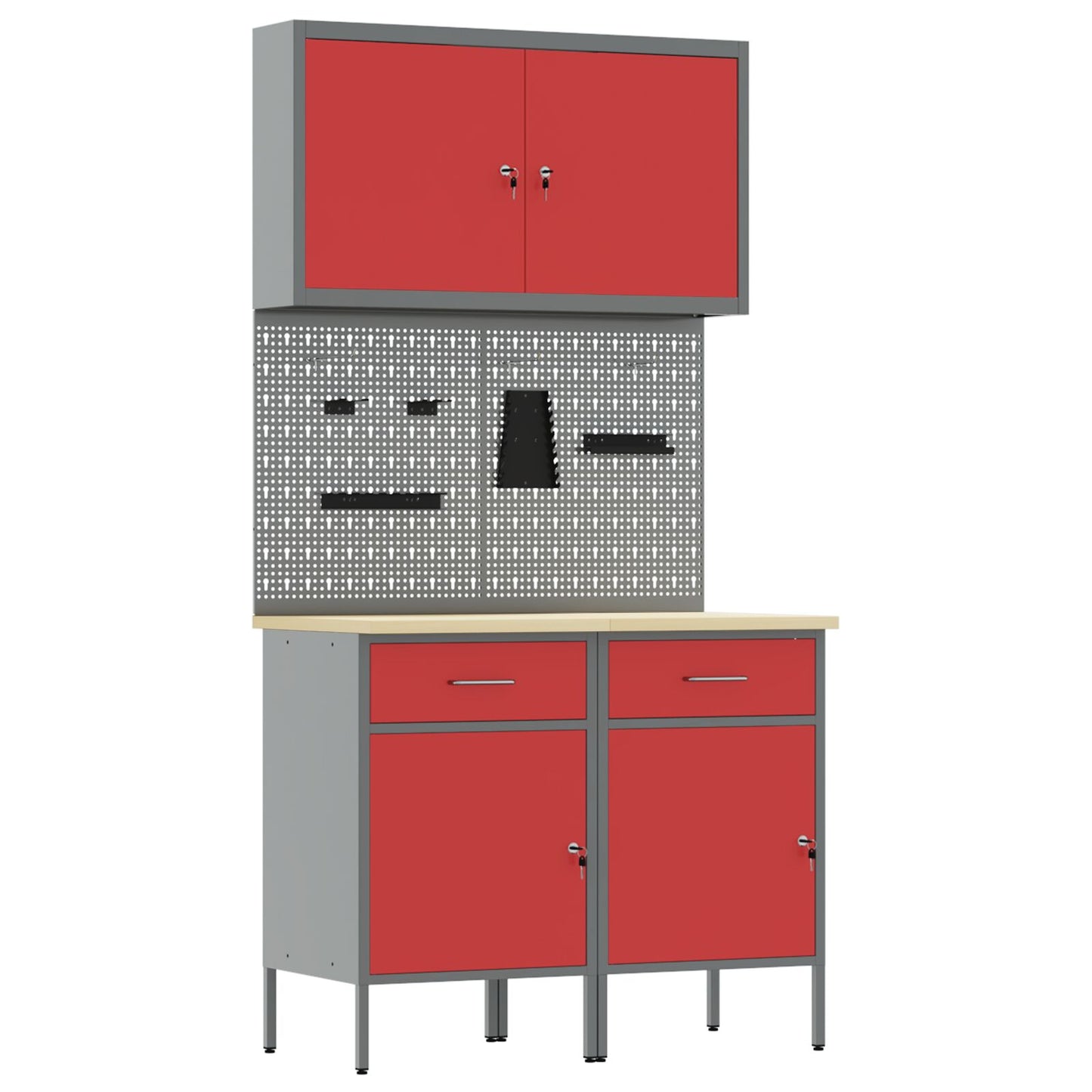 5-Delige Werktafelset Staal 2x (84 cm) Rood 2x kast + 2x pegboard + gereedschapskast