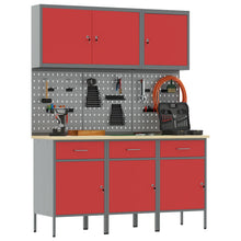 8-Delige Werkbank Set Rode Staal 3x (84 cm) Rood 3x cabinet + 3x pegboard + 2x gereedschapskast