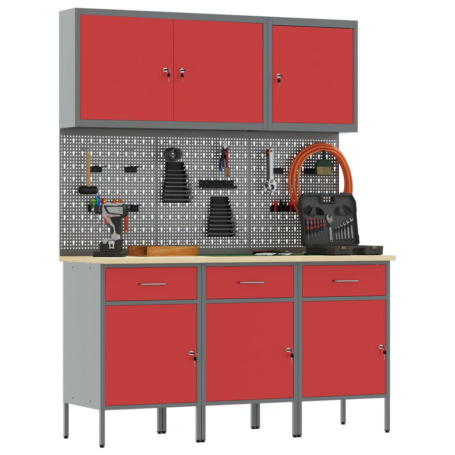 8-Delige Werkbank Set Rode Staal 3x (84 cm) Rood 3x cabinet + 3x pegboard + 2x gereedschapskast