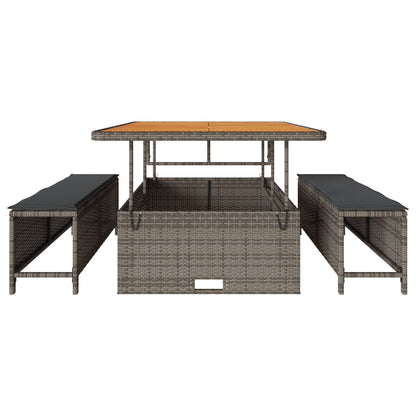 3-Delige Tuin Eetset Met Kussens Poly Rattan Acacia 100 cm Grijs 2 krukken