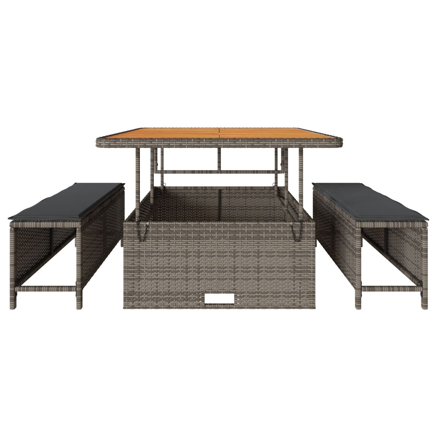 3-Delige Tuin Eetset Met Kussens Poly Rattan Acacia 100 cm Grijs 2 krukken