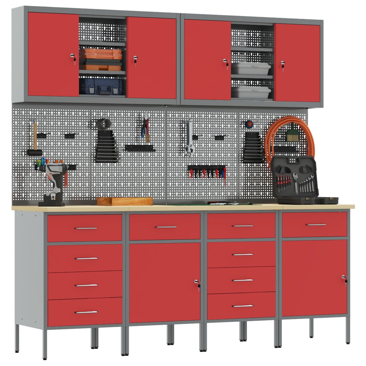 10-Delige Werkcabinet En Pegboard Set In Mdf En Metaal 4x (2x84/2x85 cm) Rood 6x kast + 6x pegboard