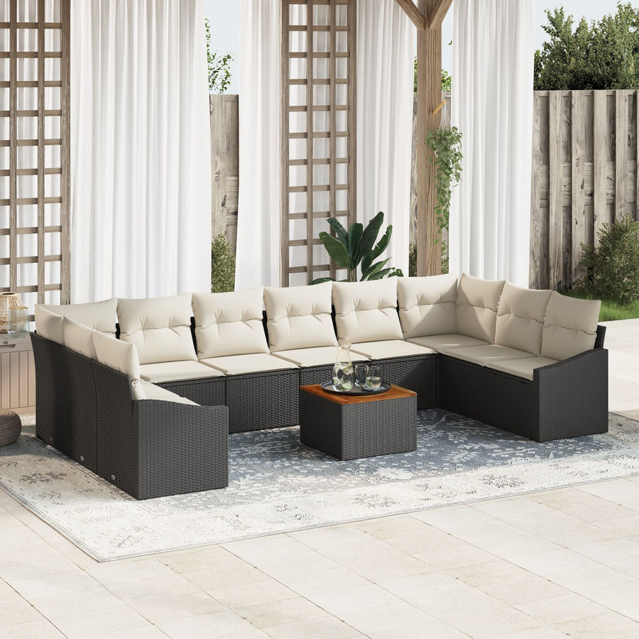 11-Delige Tuin Sofa Set Met Kussens Zwart Poly Rattan Acacia