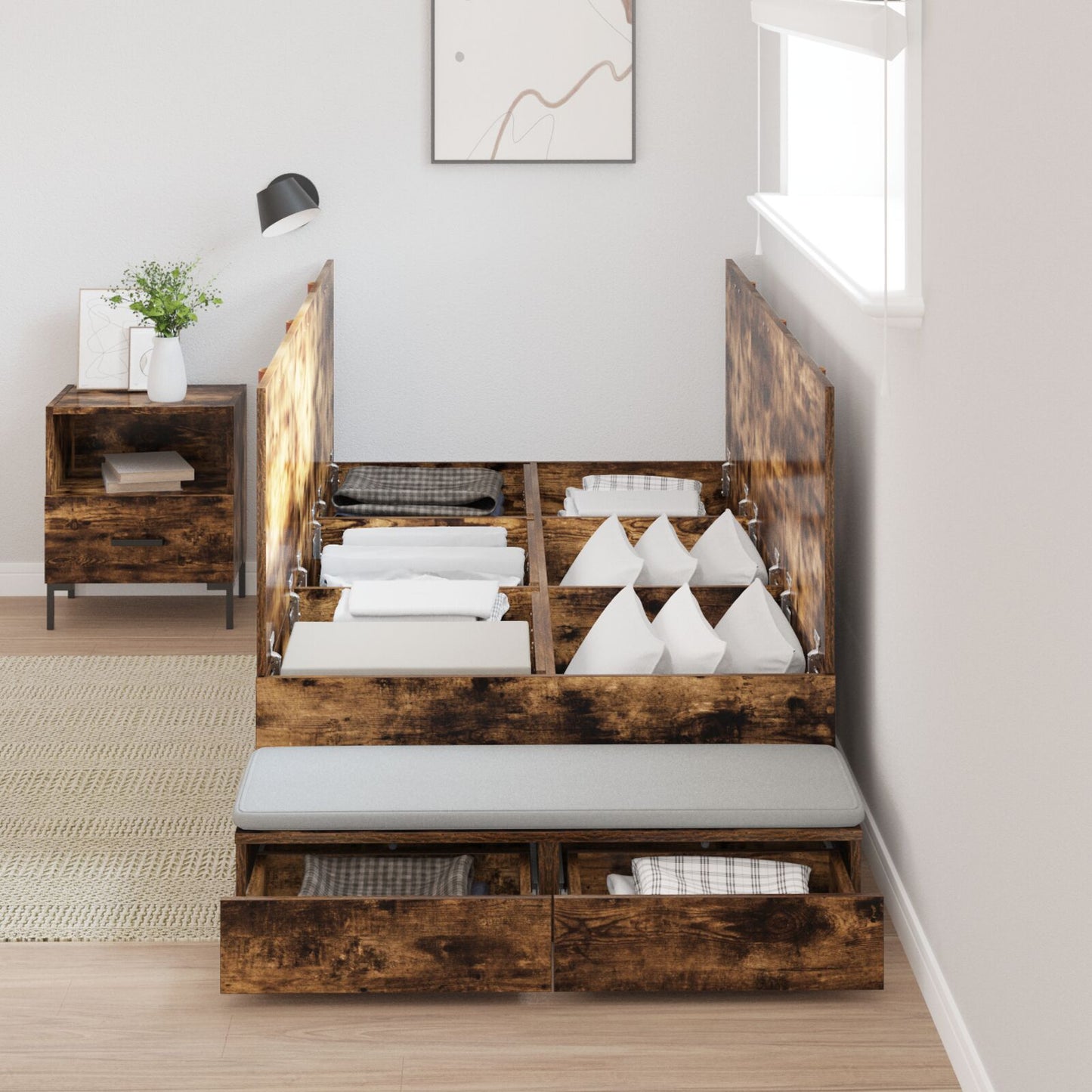 Opbergbedframe Gerookt Eiken Bewerkt Hout 236.5 X 100 X 31.5 Cm Artisanaal Eiken