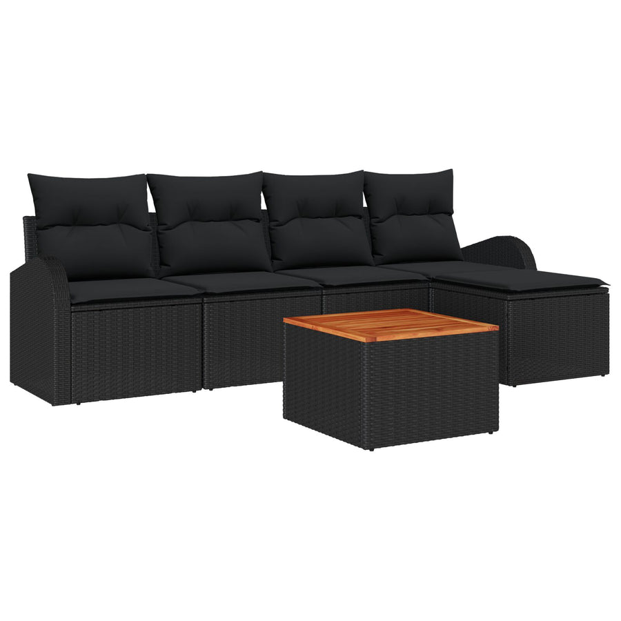 6-Delig Tuinbankstel Met Kussens Zwart Poly Rattan Acaciahout