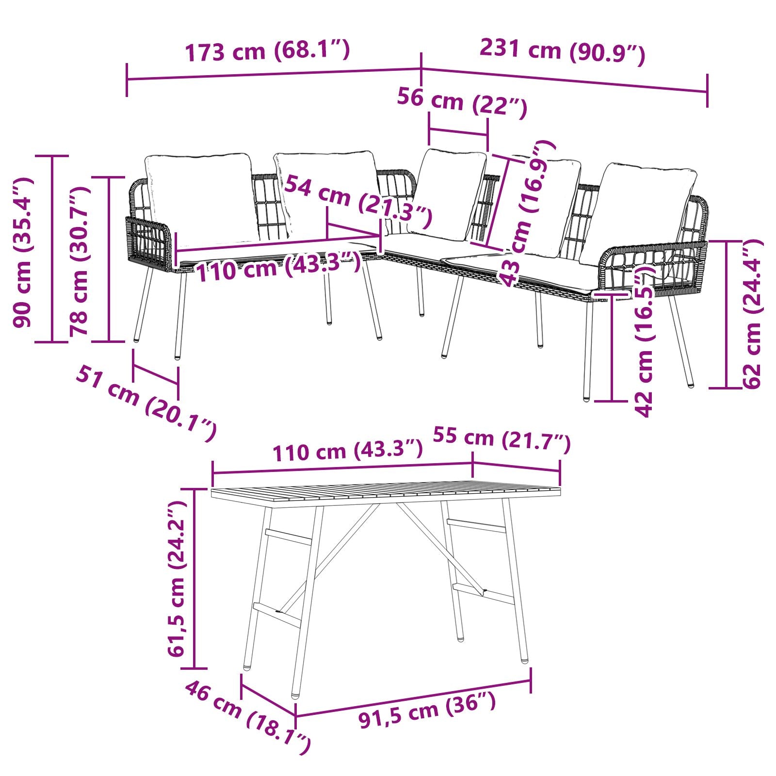 2-Delige Tuinbank Set Met Kussens Poly Rattan Zwart Bank + tafel