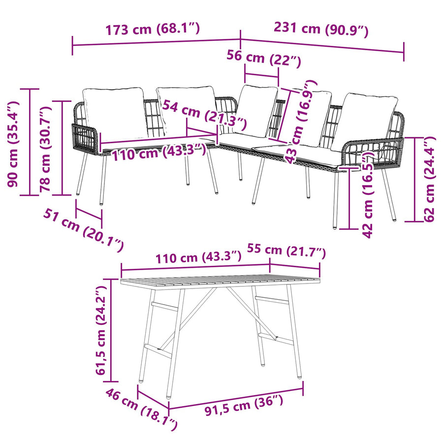 2-Delige Tuinbank Set Met Kussens Poly Rattan Zwart Bank + tafel