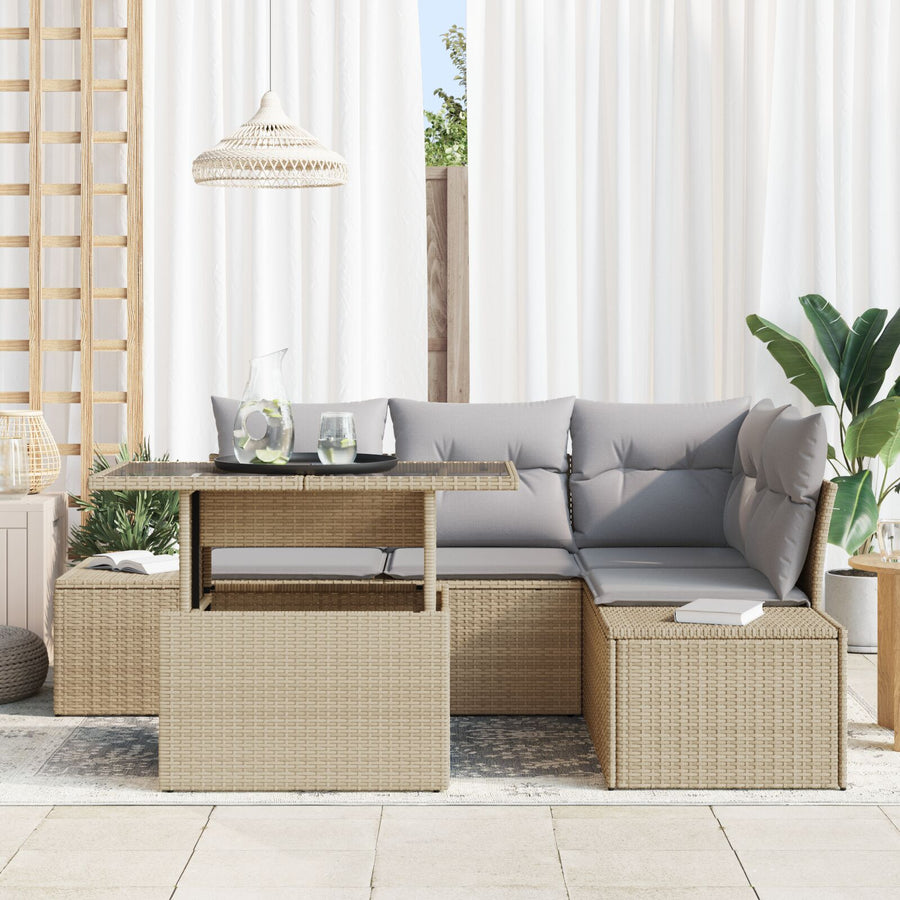 Tuin Sofa Set Set Van 5 Beige, Grijs Riet, Polyester
