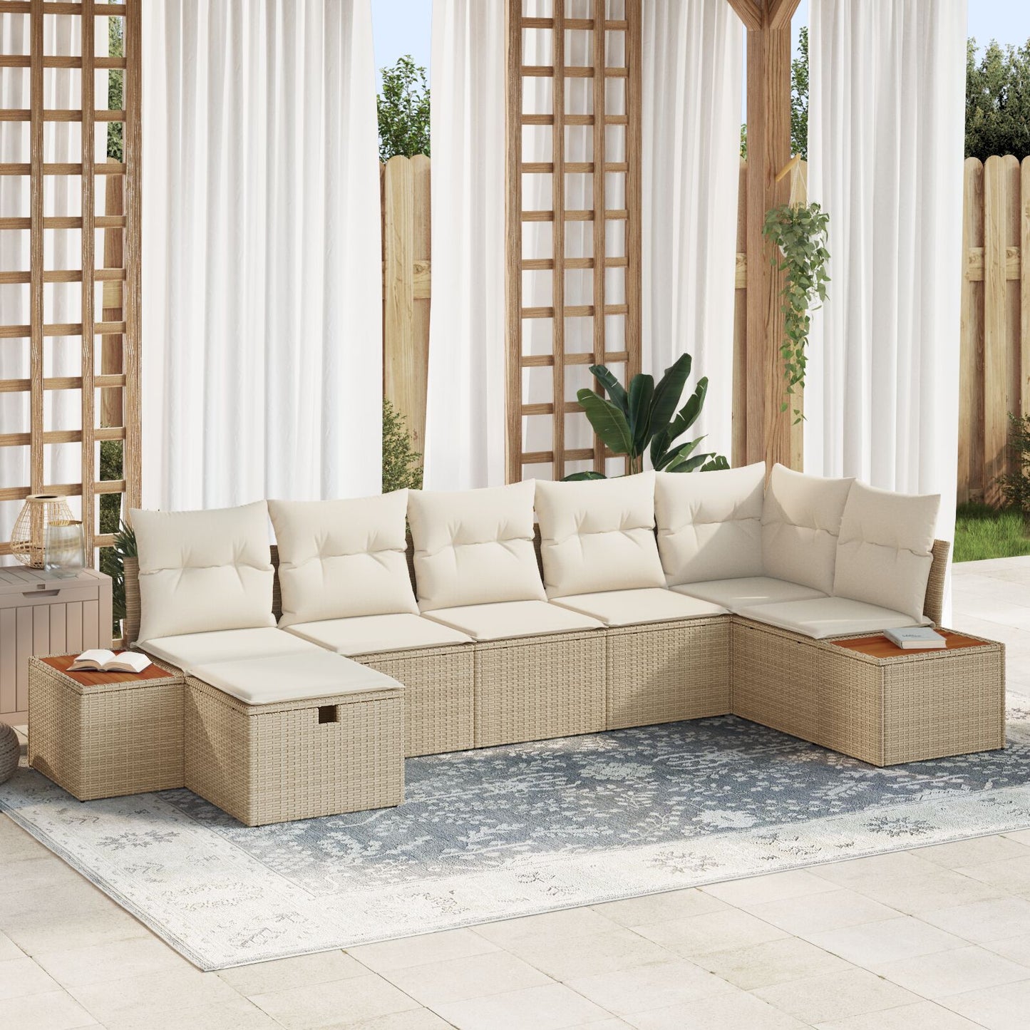 7-Delige Tuinbank Set Met Kussens Beige Poly Rattan