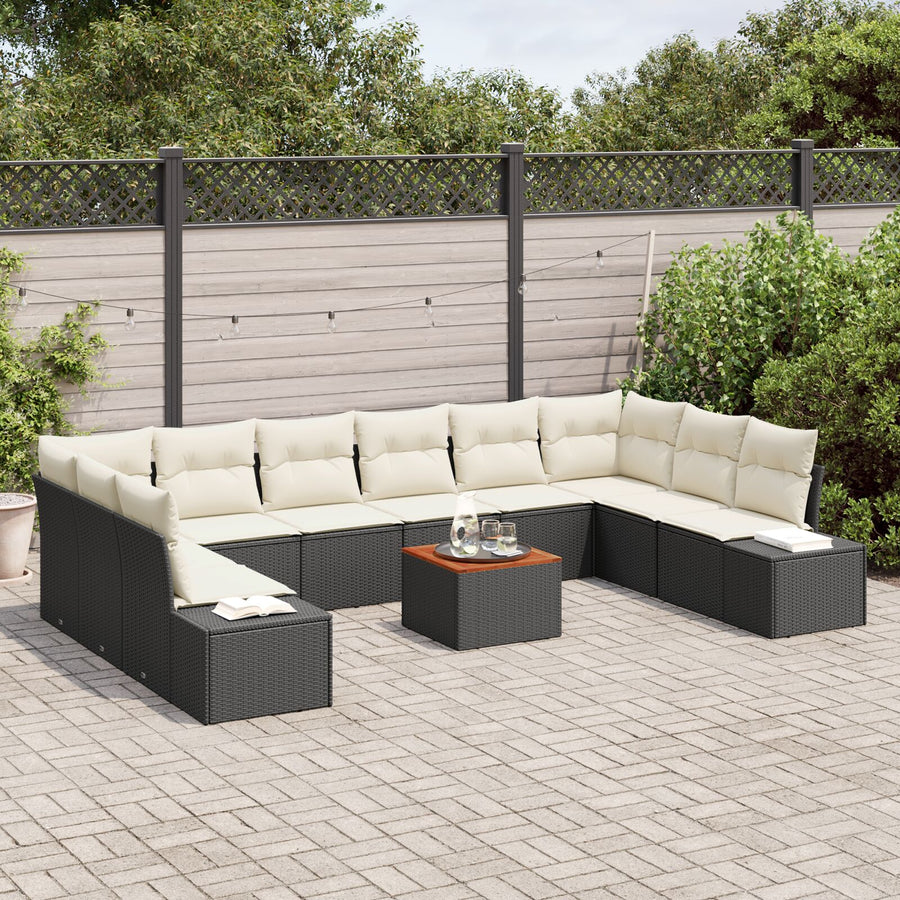 11-Delige Tuinbank Set Met Kussens Zwart Poly Rattan Acacia