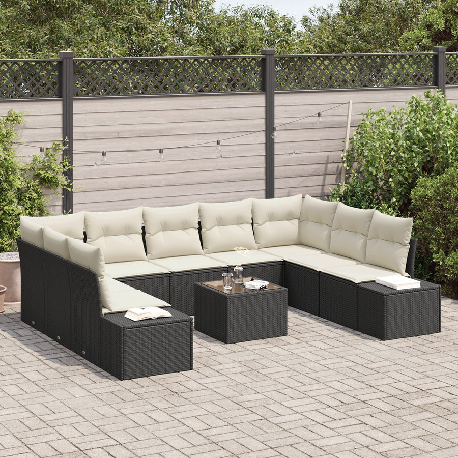 9-Delige Tuinsofa Set Met Kussens Bruin Poly Rattan Zwart en crème met tafel