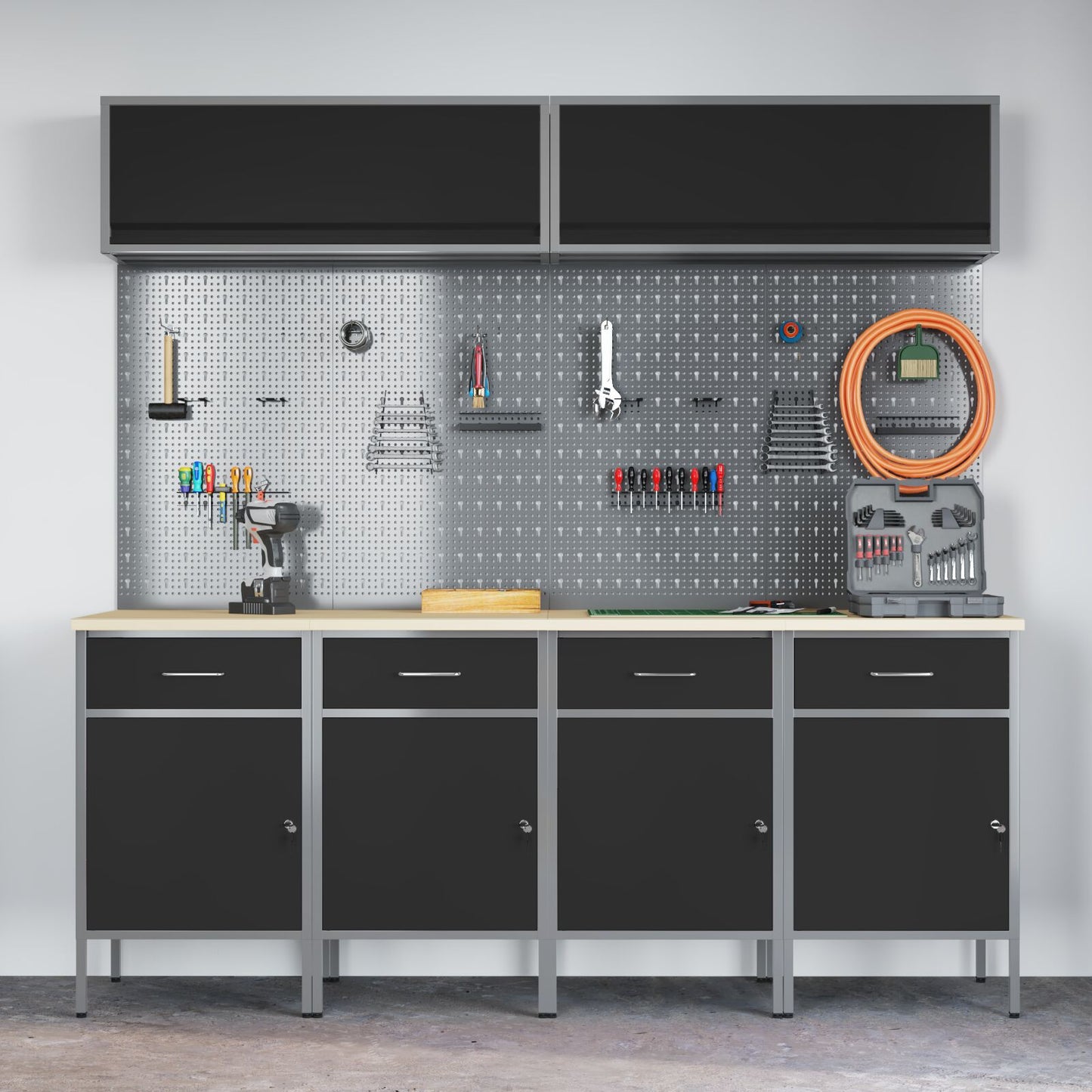 10-Delige Werkcabinet En Pegboard Set Mdf En Metaal 4x (84 cm) Zwart 4x kast + 4x pegboard + 2x kast met deur