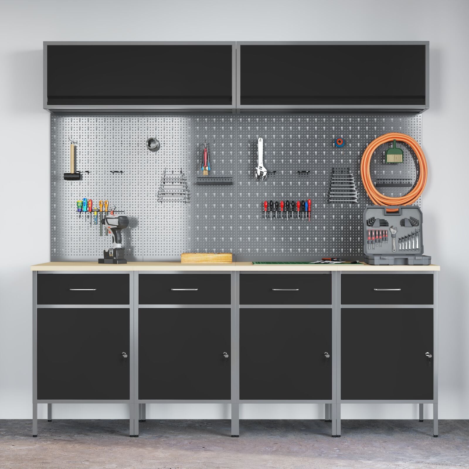 10-Delige Werkcabinet En Pegboard Set Mdf En Metaal 4x (84 cm) Zwart 4x kast + 4x pegboard + 2x kast met deur