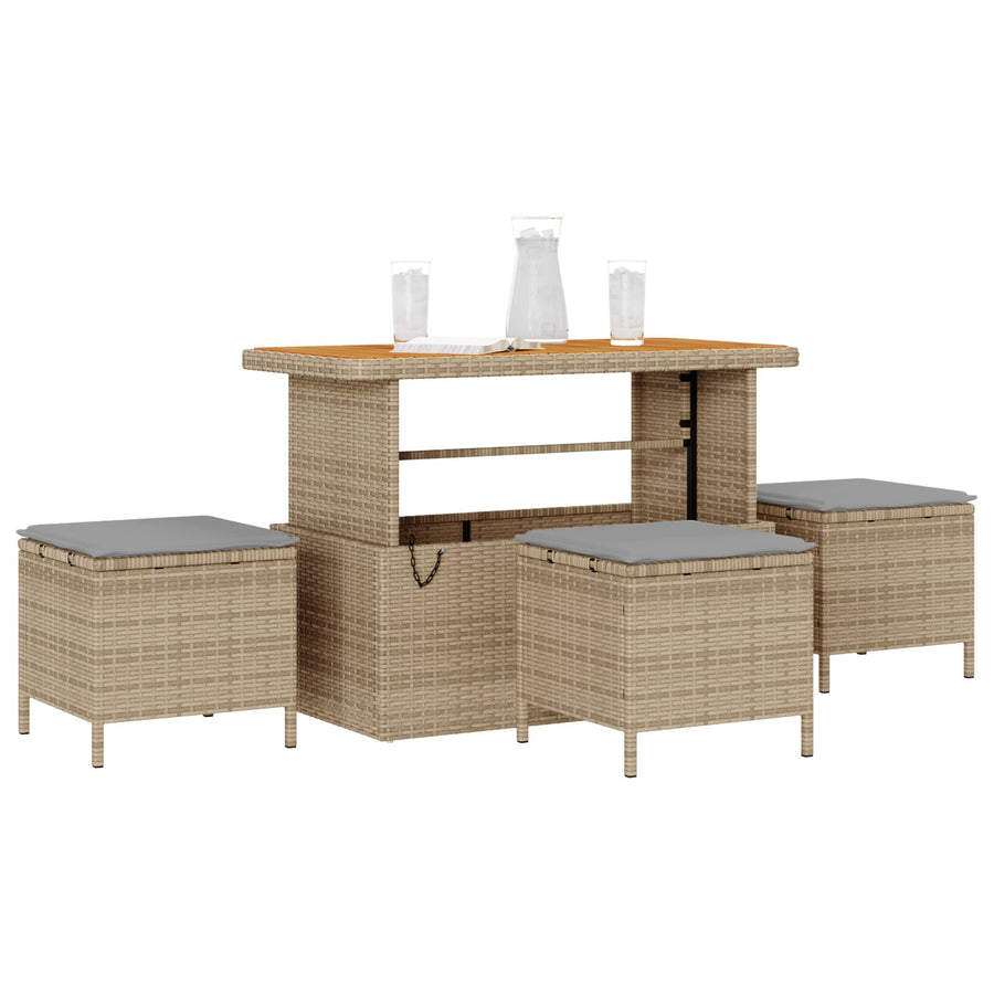 4 Delige Tuin Eettafelset Met Kussens Poly Rattan Acacia 110 cm Beige en grijs 3 krukken