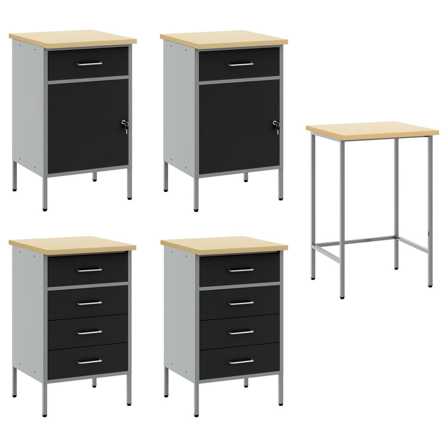 5-Delige Werkcabinet En Hoektafel Set Gelaagd Hout 4x (2x84/2x85 cm) Zwart Tafel + 4x kast