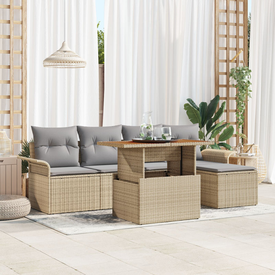 6-Delige Tuin Eetset Met Kussens Beige Poly Rattan Acacia