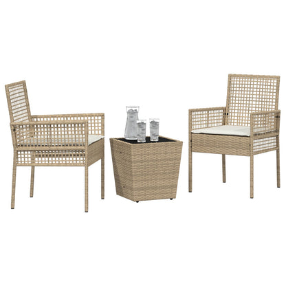 3-Delige Tuin Bistro Set Met Kussens Beige Poly Rattan