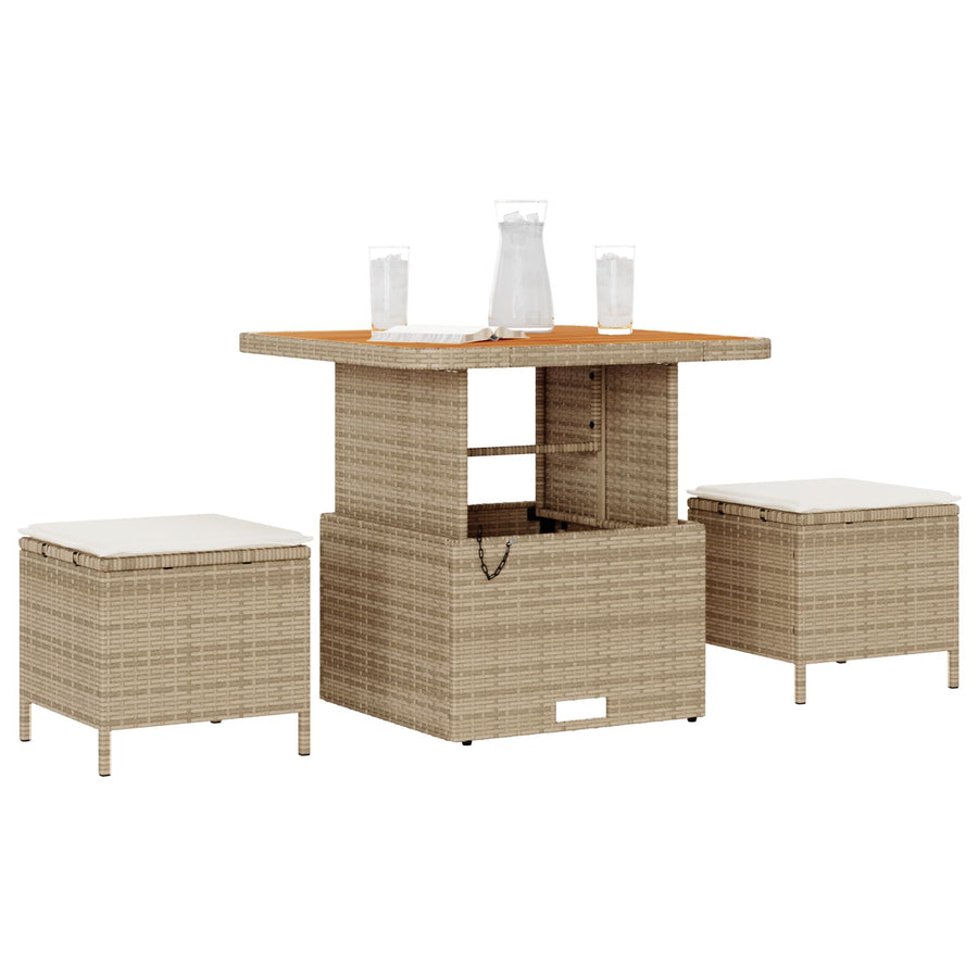3-Delige Tuin Eetset Met Kussens Poly Rattan Acacia 80 cm Beige en crème 2 krukken