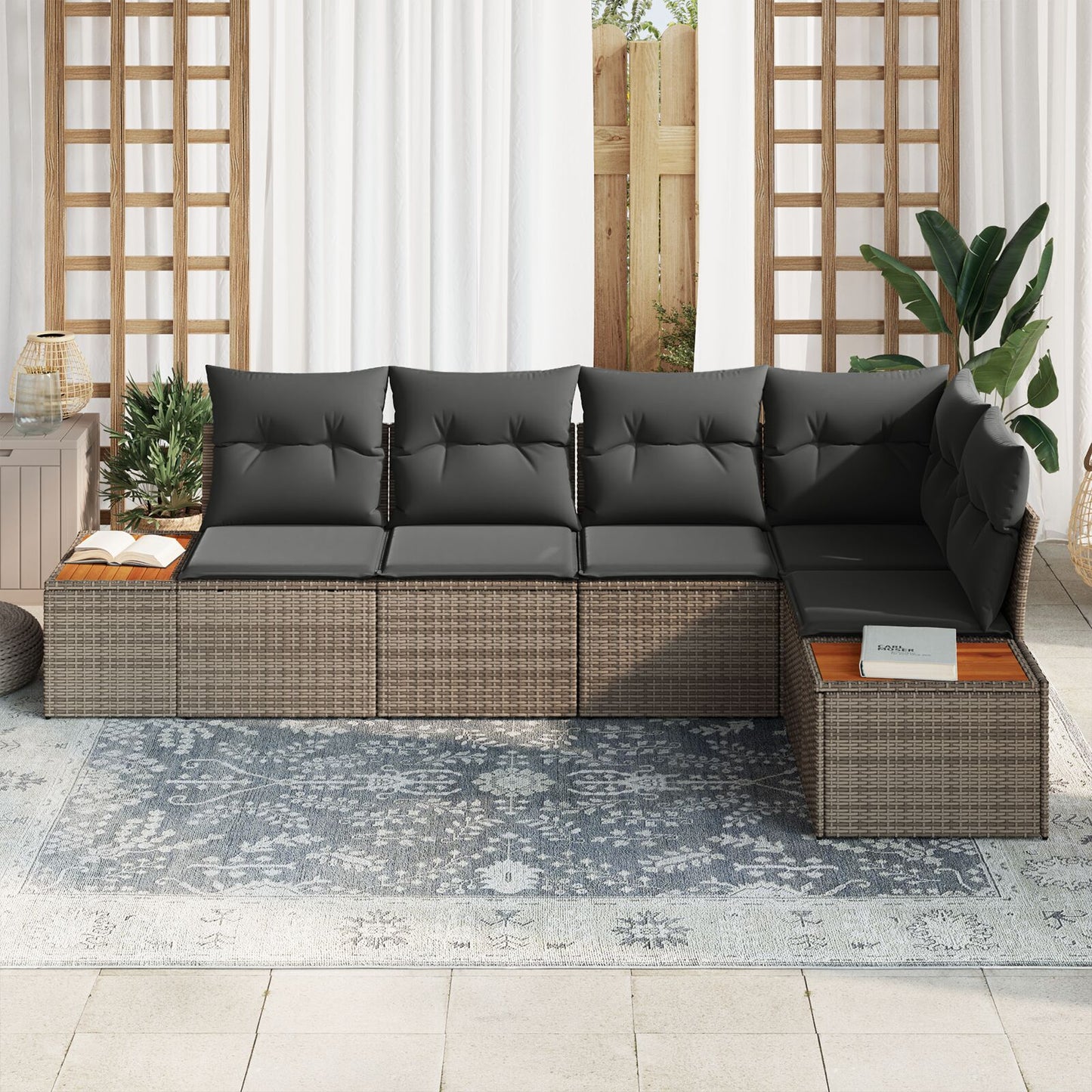 5-Delige Tuin Sofa Set Met Kussens Grijs Poly Rattan Acacia