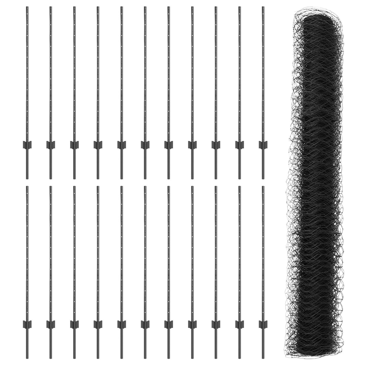 Hekpalen 22 Stuks U-Channel Grijs 120 Cm Staal,  Zeshoekig Hek Grijs 1.2X50 M Staal