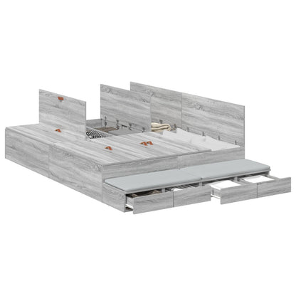 Opslagbedframe Grijs Bewerkt Hout 135,5 X 190 X 31,5 Cm Artisanaal Eiken