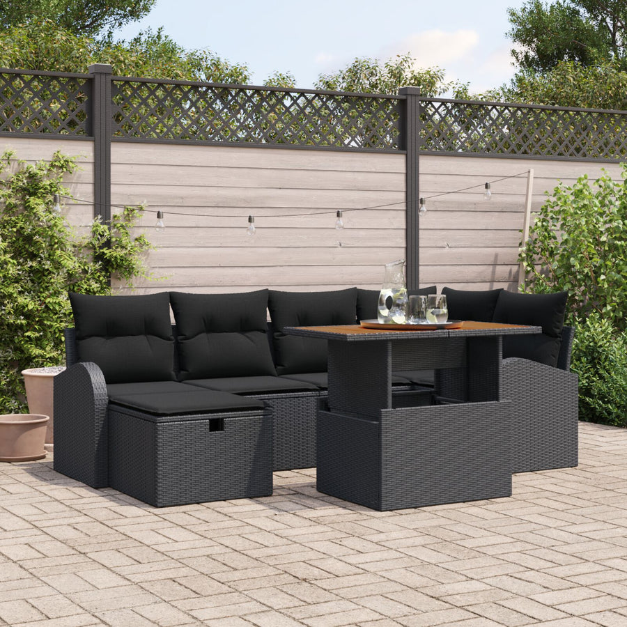 7 Delige Tuin Sofa Set Met Kussens Zwart Poly Rattan