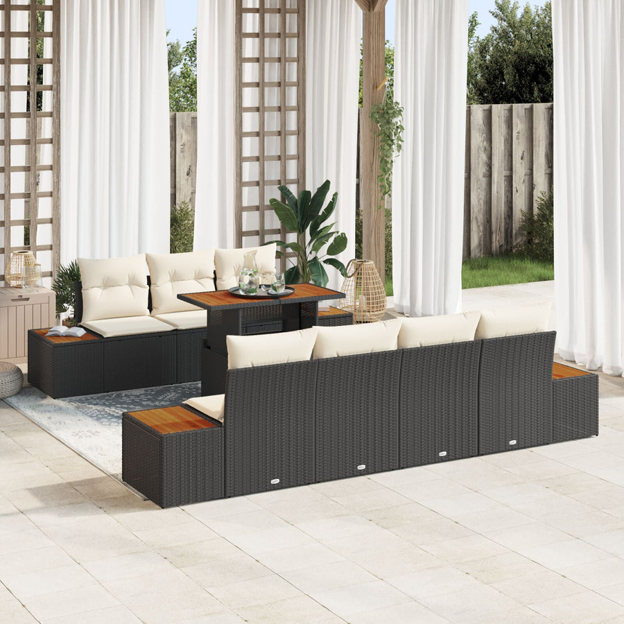 8 Delige Tuin Eetset Met Kussens Zwart Poly Rattan Acacia