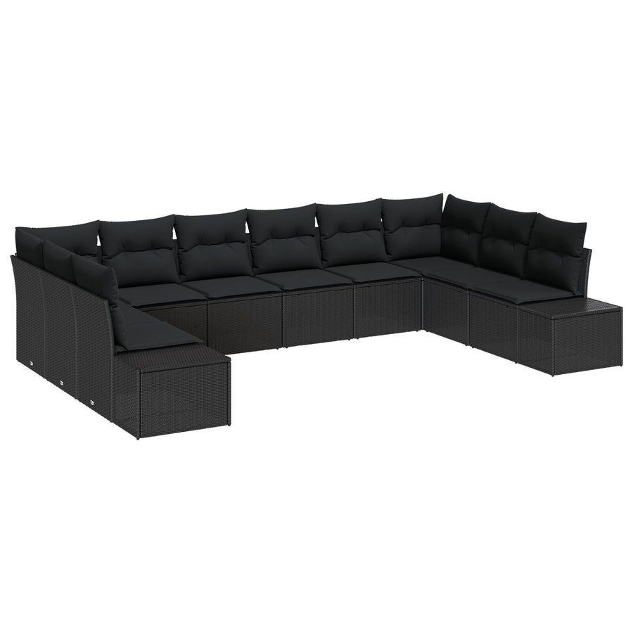 10-Delige Tuinsofa Set Met Kussens Zwart Poly Rattan