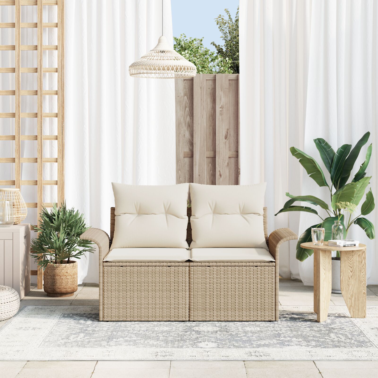 2-Zits Tuinbank Met Kussens Poly Rattan Beige en crème zonder opslag