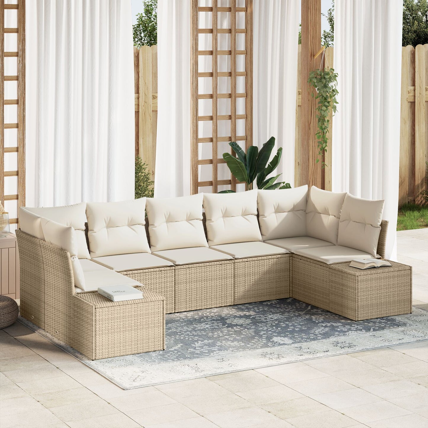 7-Delige Tuinbankset Met Kussens Beige Poly Rattan