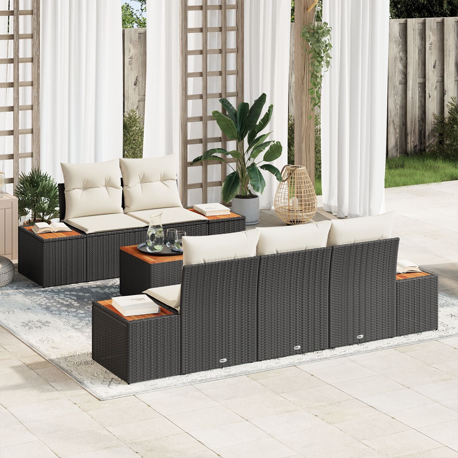 6-Delige Tuin Sofa Set Met Kussens Zwart Poly Rattan Acacia